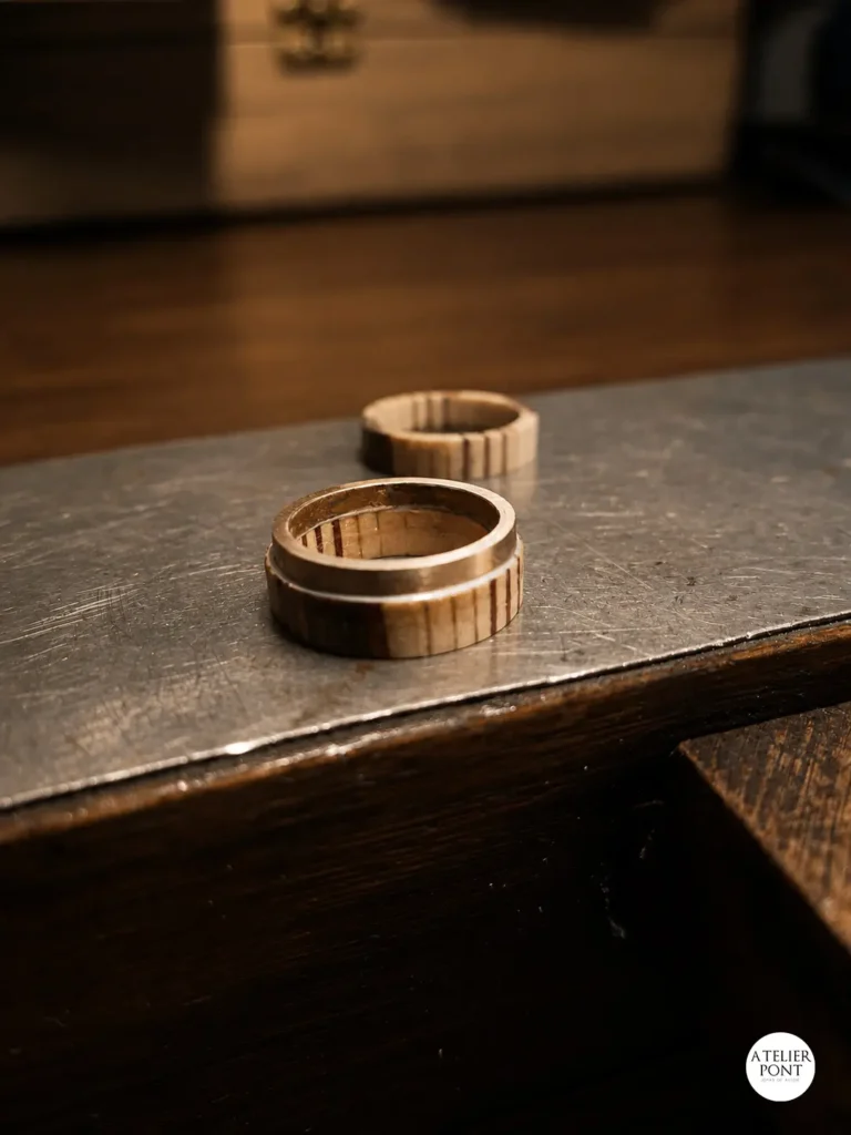 Componentes de madera laminada y metal durante el ensamblaje del anillo Tránsito.
