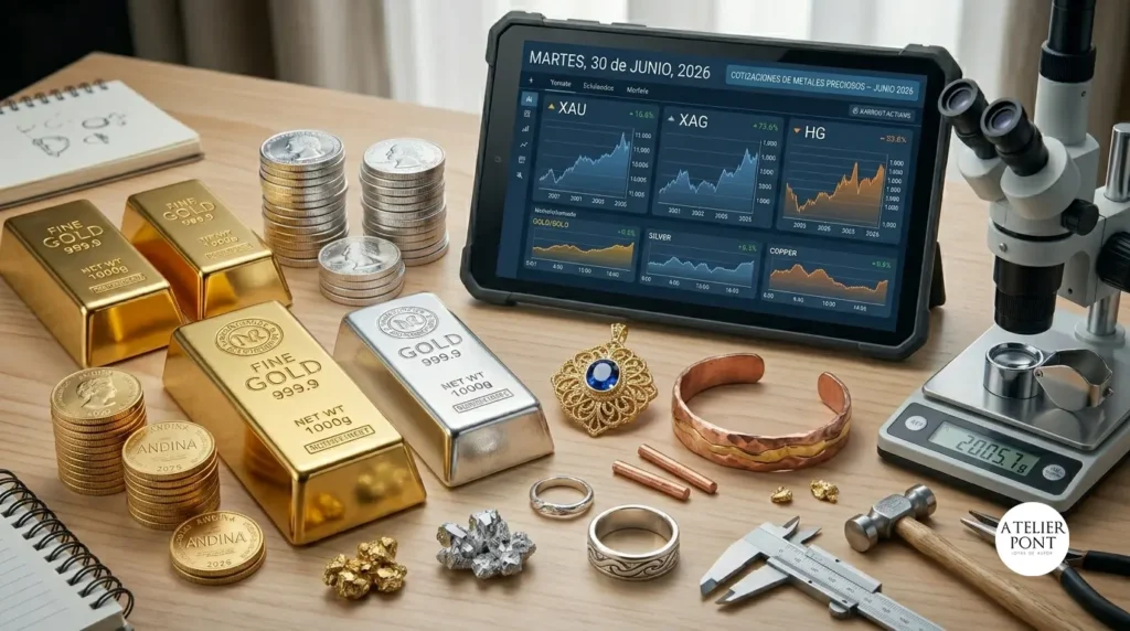 Primer plano de banco de joyero con prototipos de cobre tejido y plata, lingotes preciosos y una tableta digital mostrando gráficas de precios actualizadas al miércoles 10 de junio de 2026.