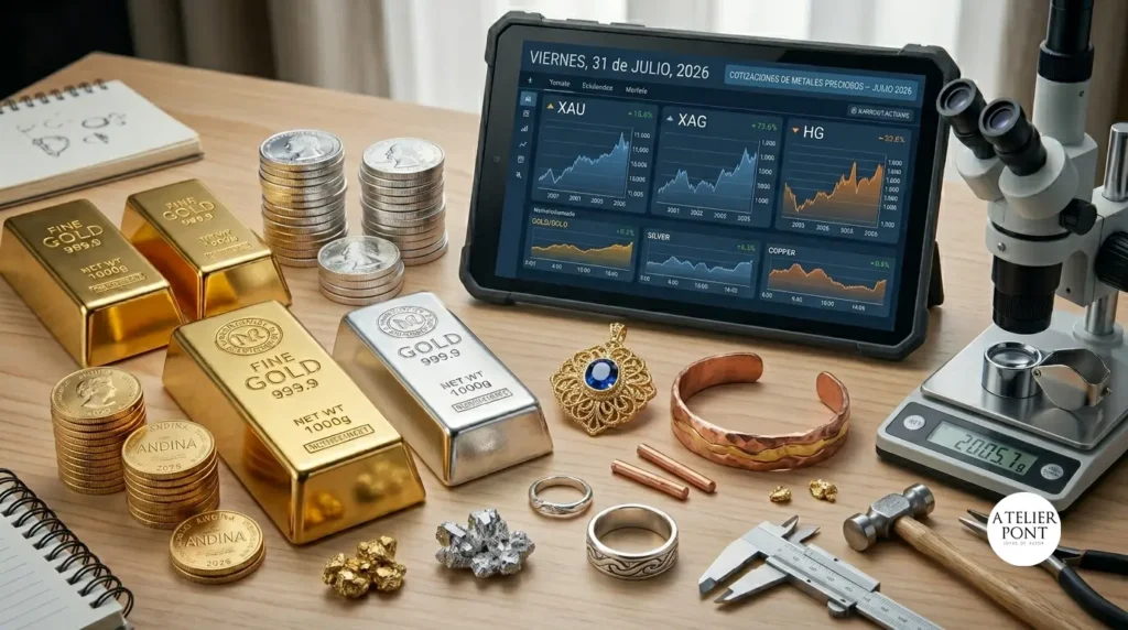 Mesa de trabajo de joyería con lingotes de oro y plata, muestras de cobre, herramientas de precisión y tablet mostrando la cotización de metales preciosos correspondiente a julio de 2026.