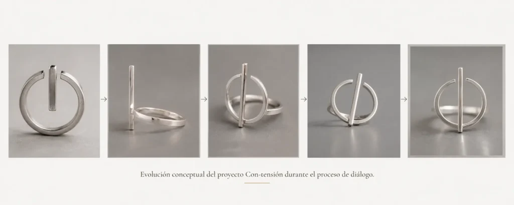 Evolución conceptual del proyecto Con-tensión durante el proceso de diálogo creativo entre un orfebre y una inteligencia artificial.