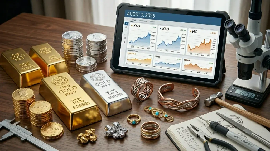 Banco de trabajo de joyería profesional con lingotes de oro, plata y muestras de cobre, herramientas de taller y una tableta digital mostrando las gráficas de cotización de metales actualizadas a agosto de 2026.