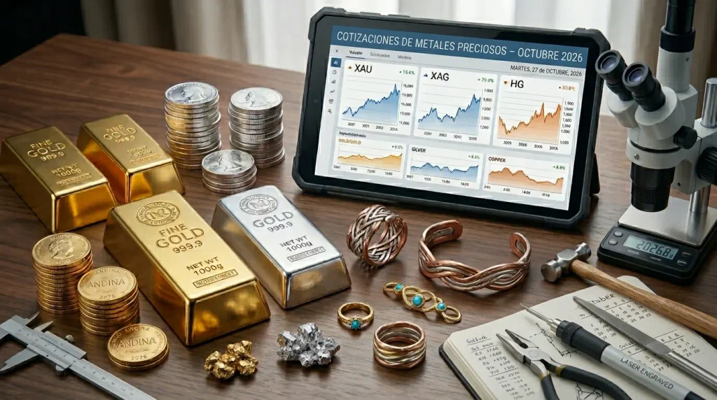 Banco de trabajo de joyería profesional con lingotes de oro, plata y muestras de cobre, herramientas y una tableta digital mostrando las cotizaciones actualizadas a octubre de 2026.